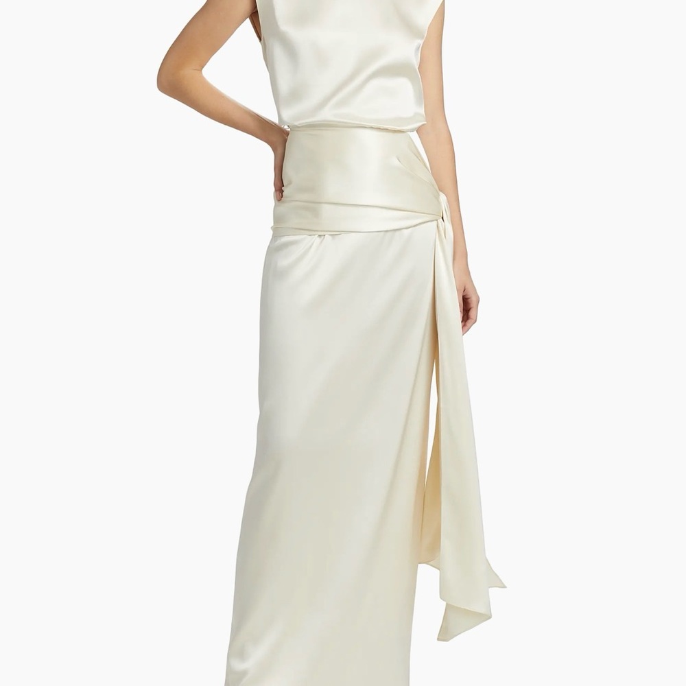 Cream Satin Maxi Skirt with Side Tie Drape